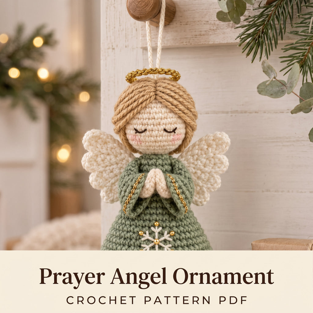 Crochet Angel Ornament Pattern PDF, Amigurumi Christmas Angel with Prayer Hands, Sage and Gold Tree Ornament