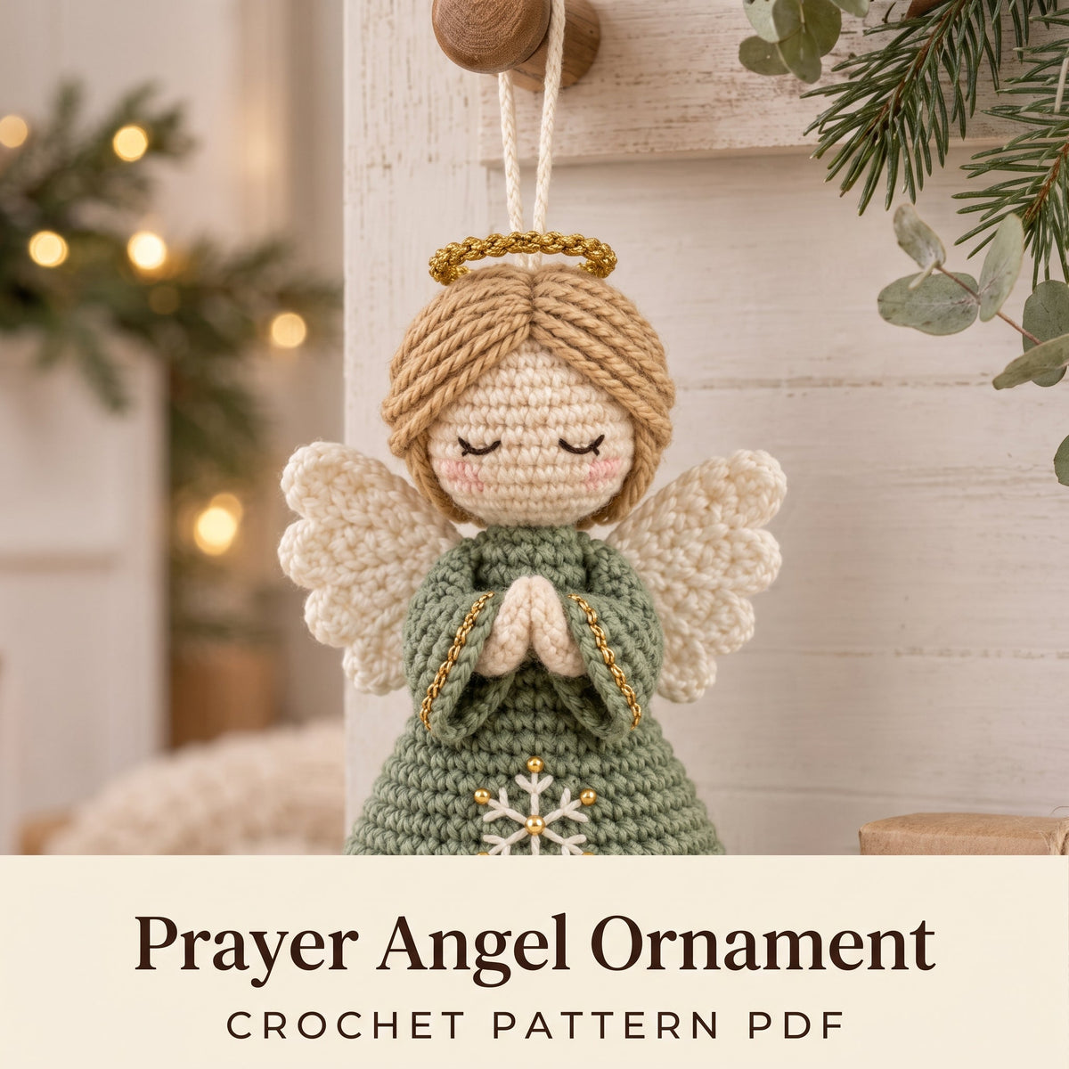 Crochet Angel Ornament Pattern PDF, Amigurumi Christmas Angel with Prayer Hands, Sage and Gold Tree Ornament