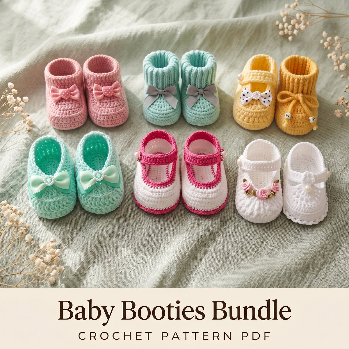 Crochet Baby Booties Pattern Bundle PDF, 8 Newborn Bootie Styles, Mary Jane, Ribbed Cuff, Bows, 0-3 Months