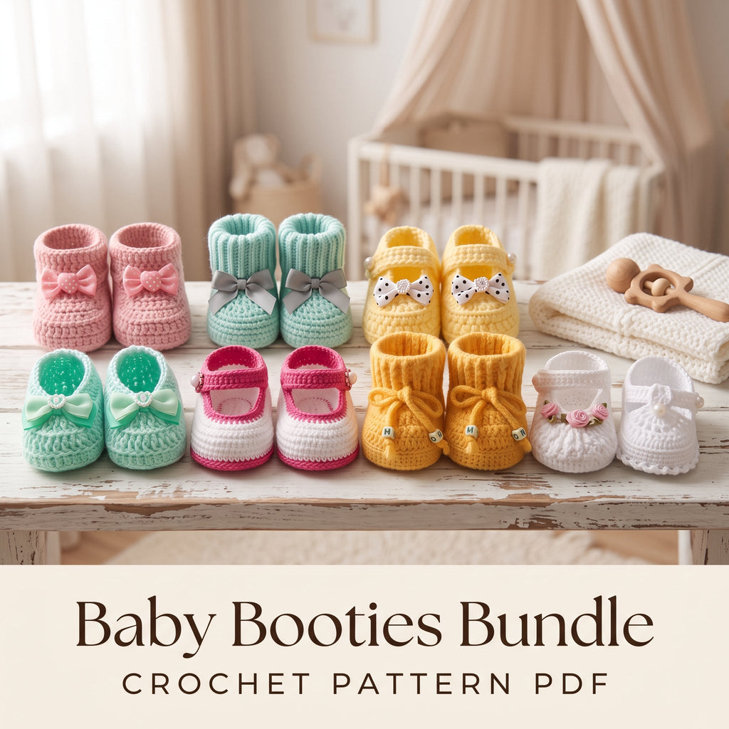 Crochet Baby Booties Pattern Bundle PDF, 8 Newborn Bootie Styles, Mary Jane, Ribbed Cuff, Bows, 0-3 Months