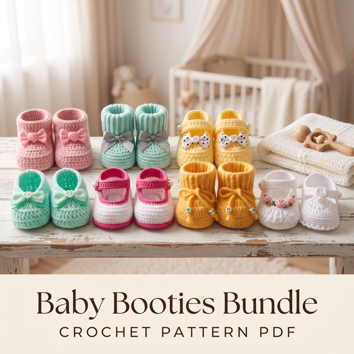 Crochet Baby Booties Pattern Bundle PDF, 8 Newborn Bootie Styles, Mary Jane, Ribbed Cuff, Bows, 0-3 Months