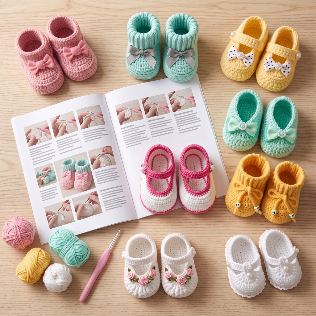 Crochet Baby Booties Pattern Bundle PDF, 8 Newborn Bootie Styles, Mary Jane, Ribbed Cuff, Bows, 0-3 Months
