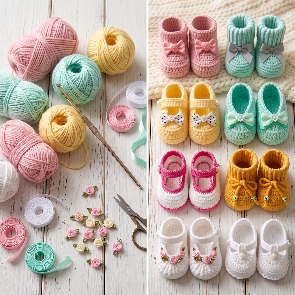 Crochet Baby Booties Pattern Bundle PDF, 8 Newborn Bootie Styles, Mary Jane, Ribbed Cuff, Bows, 0-3 Months