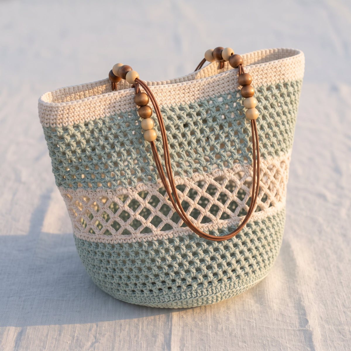 Crochet Beach Bag Pattern PDF, Round Mesh Tote with Lattice Band and Wooden Bead Handles, Summer Market Bag Crochet Pattern