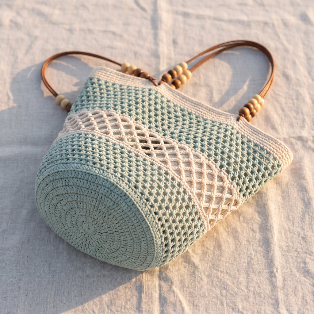 Crochet Beach Bag Pattern PDF, Round Mesh Tote with Lattice Band and Wooden Bead Handles, Summer Market Bag Crochet Pattern