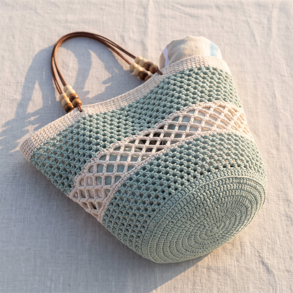 Crochet Beach Bag Pattern PDF, Round Mesh Tote with Lattice Band and Wooden Bead Handles, Summer Market Bag Crochet Pattern