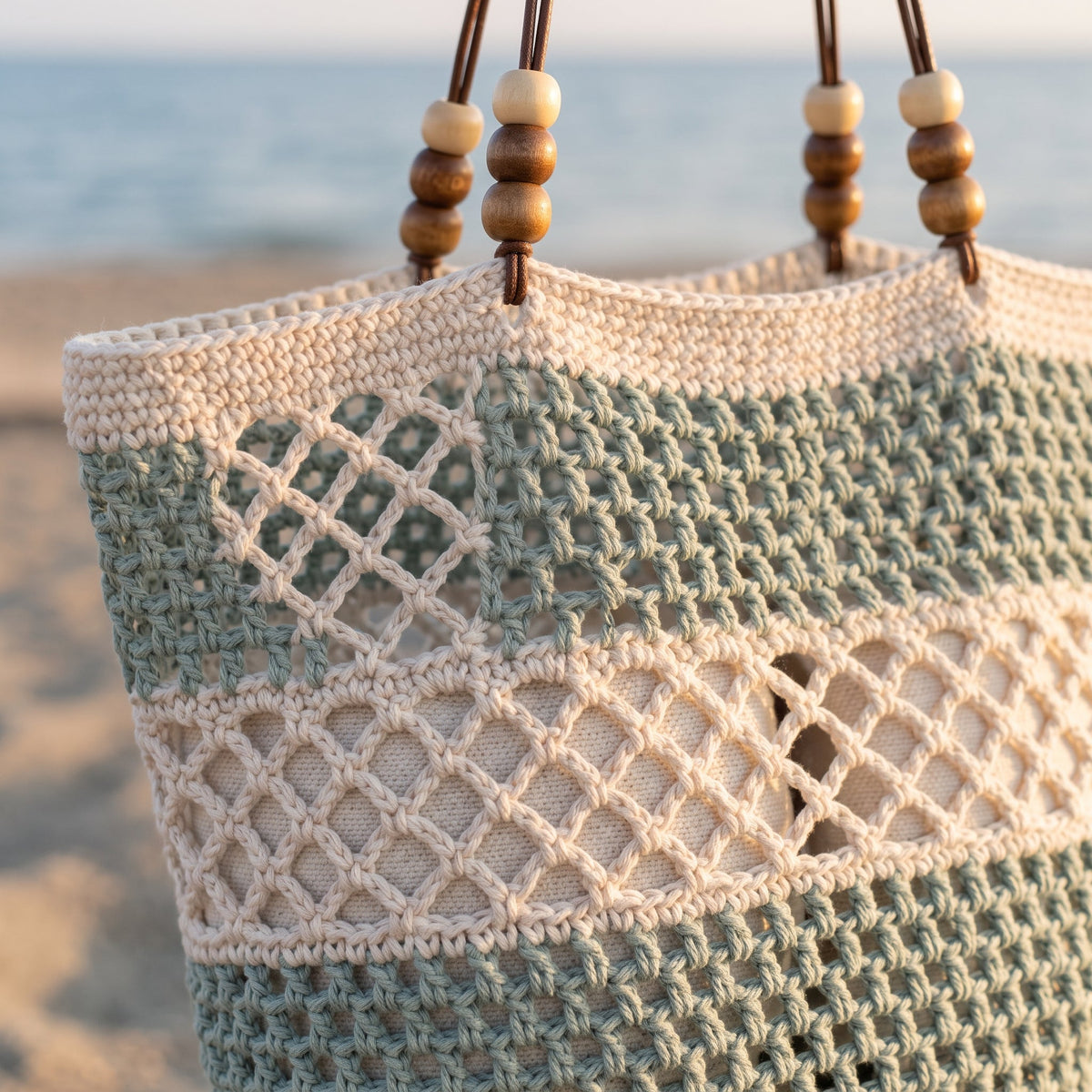 Crochet Beach Bag Pattern PDF, Round Mesh Tote with Lattice Band and Wooden Bead Handles, Summer Market Bag Crochet Pattern