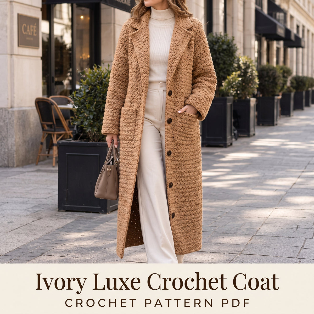 Crochet Coat Pattern PDF, Long Textured Crochet Coat with Collar, Pockets and Buttons, Sizes S to 2XL, Worsted Weight