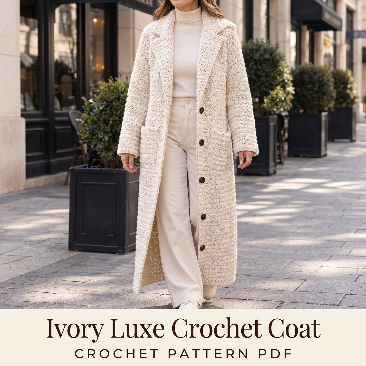 Crochet Coat Pattern PDF, Long Textured Crochet Coat with Collar, Pockets and Buttons, Sizes S to 2XL, Worsted Weight