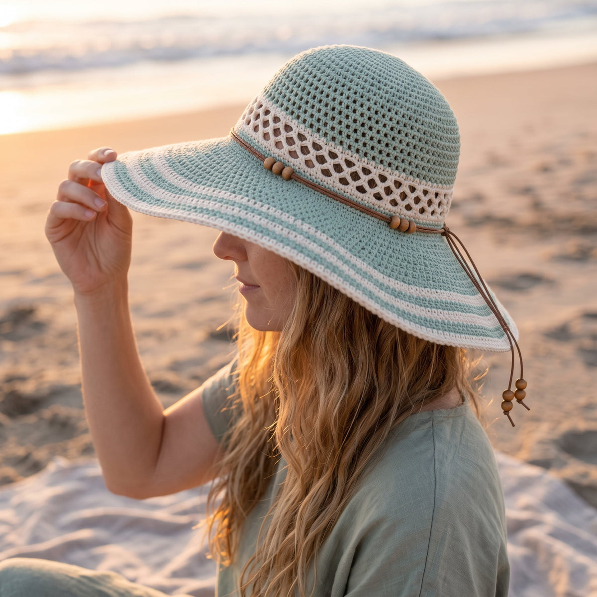 Crochet Sun Hat Pattern PDF, Wide Brim Beach Hat with Lattice Band, Floppy Summer Hat Crochet Pattern, Mint and Cream