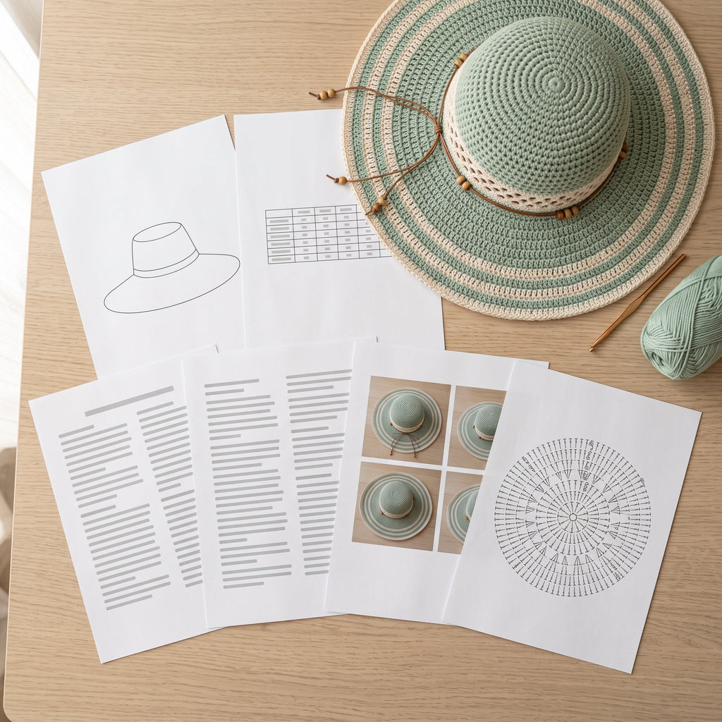 Crochet Sun Hat Pattern PDF, Wide Brim Beach Hat with Lattice Band, Floppy Summer Hat Crochet Pattern, Mint and Cream