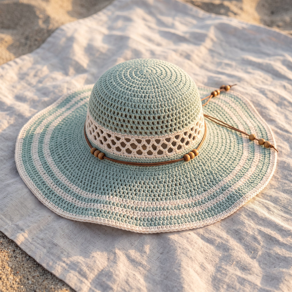 Crochet Sun Hat Pattern PDF, Wide Brim Beach Hat with Lattice Band, Floppy Summer Hat Crochet Pattern, Mint and Cream