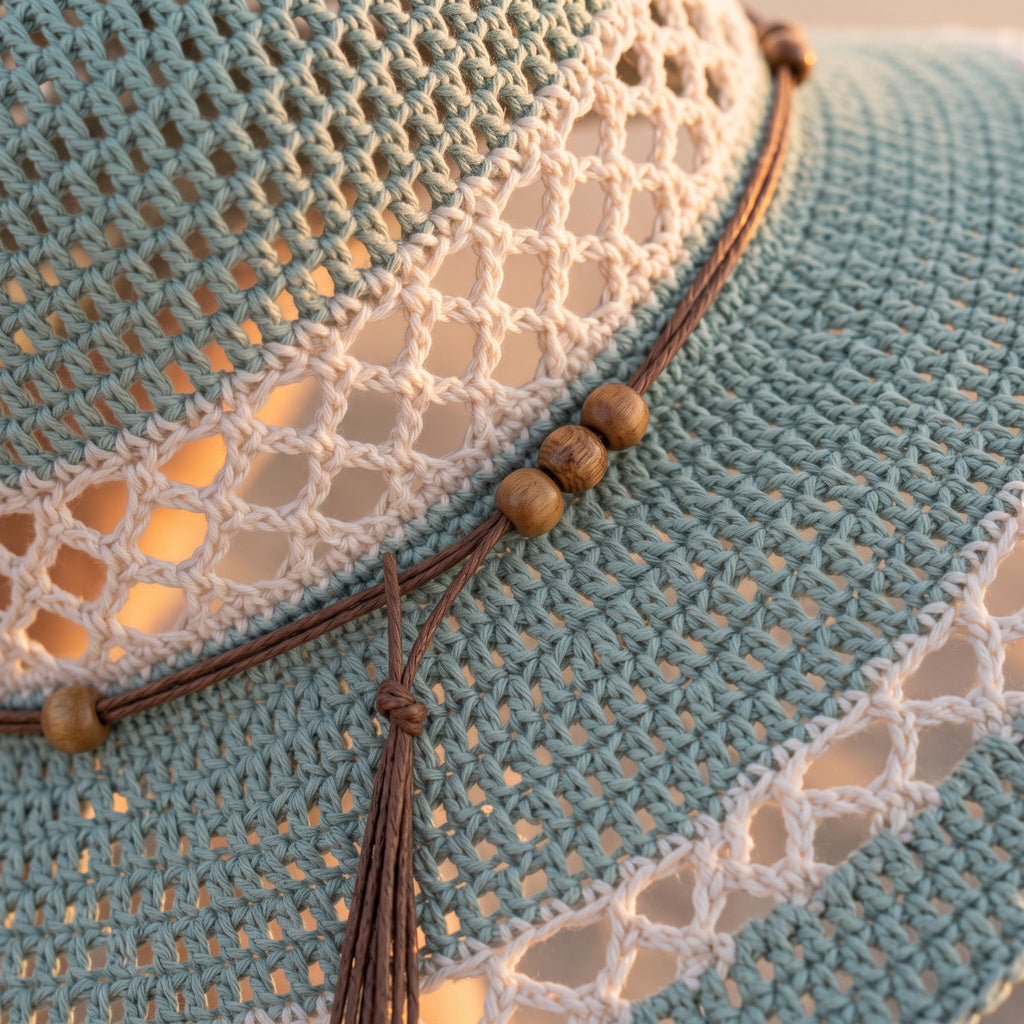 Crochet Sun Hat Pattern PDF, Wide Brim Beach Hat with Lattice Band, Floppy Summer Hat Crochet Pattern, Mint and Cream