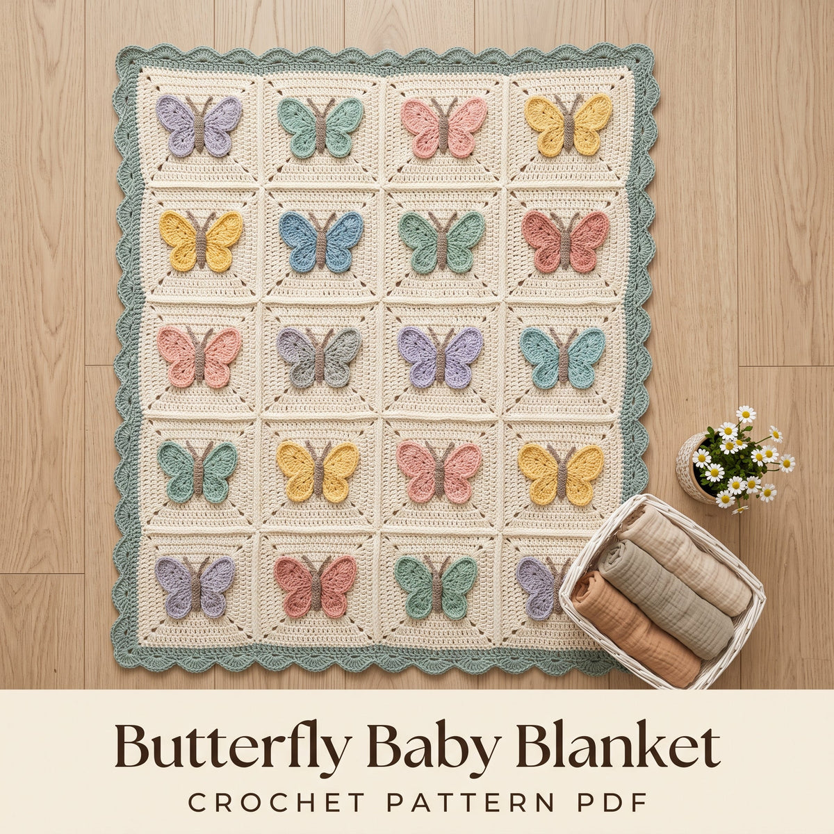 Butterfly Baby Blanket Crochet Pattern PDF, 3D Granny Square Afghan, Pastel Nursery Gift, Intermediate Digital Download