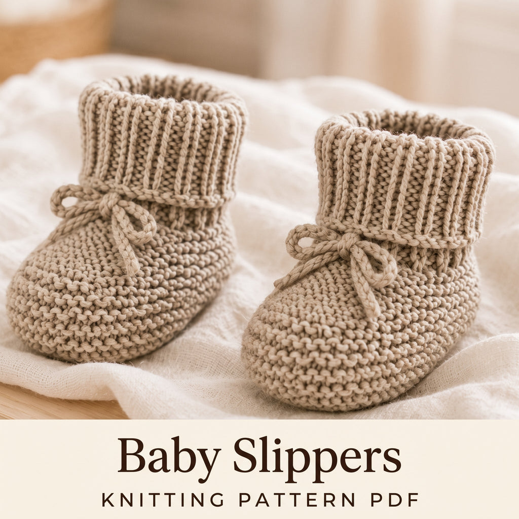 Baby Slippers Knitting Pattern PDF, Garter Stitch Baby Booties with Ribbed Cuff and Tie, 6 Sizes Newborn to 4 Years