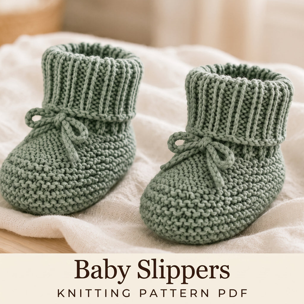 Baby Slippers Knitting Pattern PDF, Garter Stitch Baby Booties with Ribbed Cuff and Tie, 6 Sizes Newborn to 4 Years