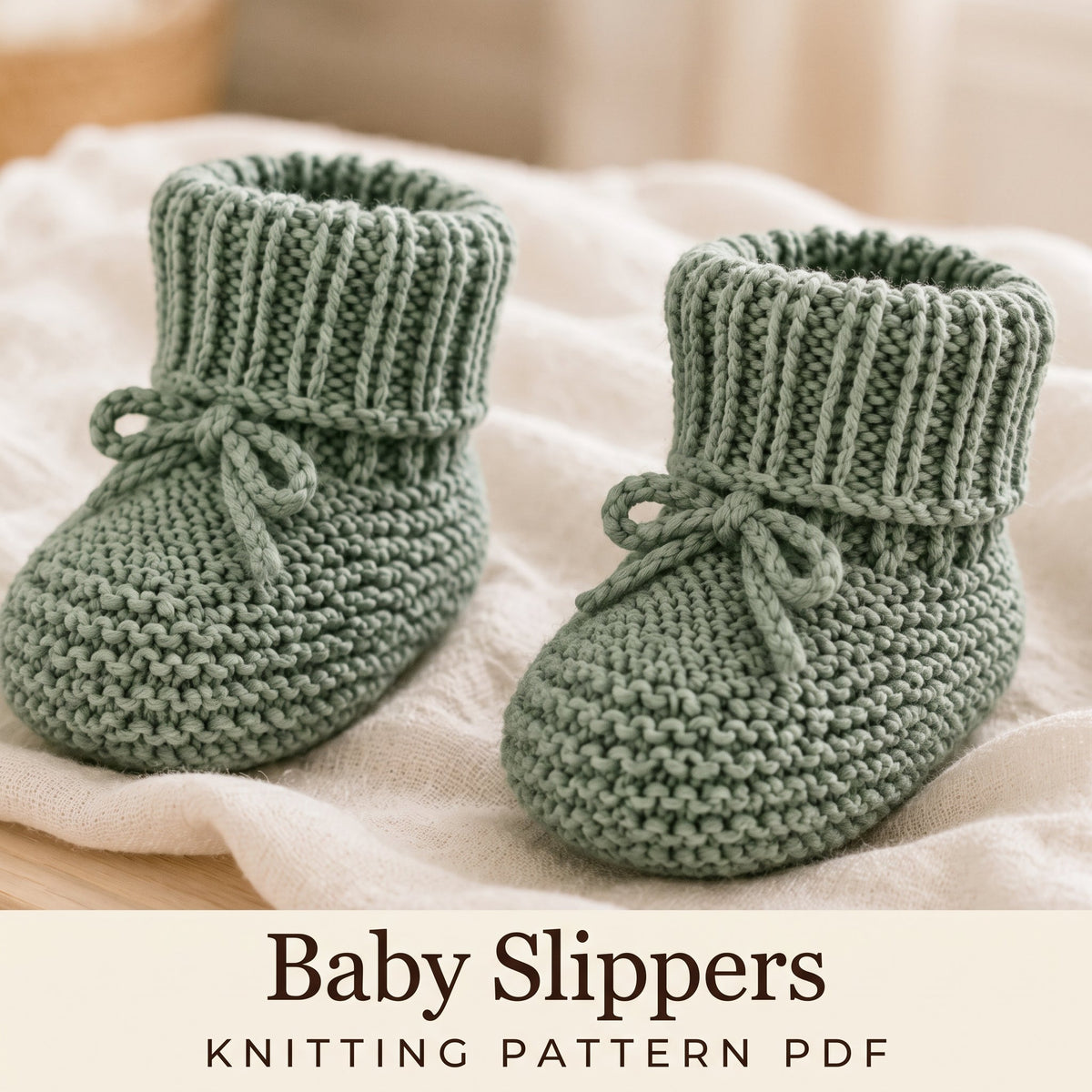 Baby Slippers Knitting Pattern PDF, Garter Stitch Baby Booties with Ribbed Cuff and Tie, 6 Sizes Newborn to 4 Years
